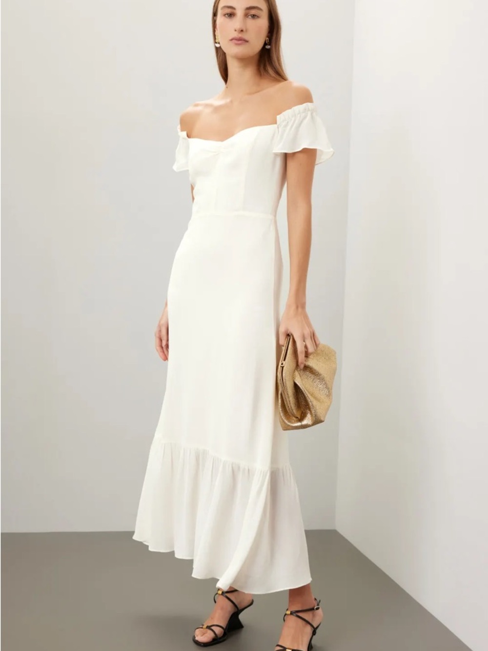 Reformation White Off-Shoulder Ruffle Hem Maxi Dress